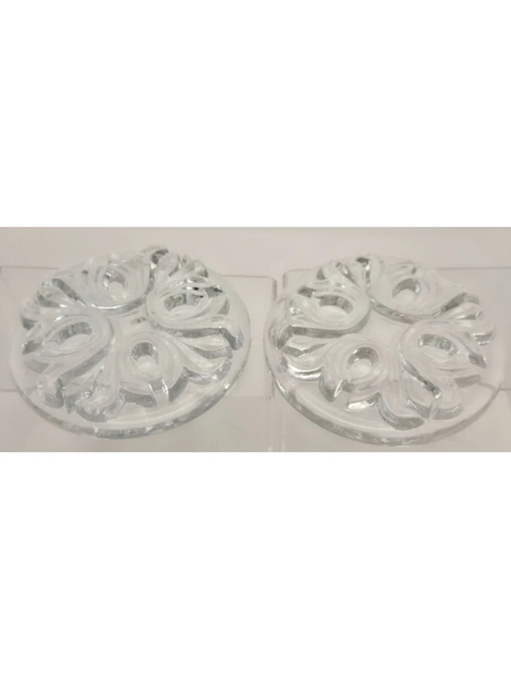 Pair Clear Pressed Glass Round Candle Holders Coasters Raised Floral Scroll